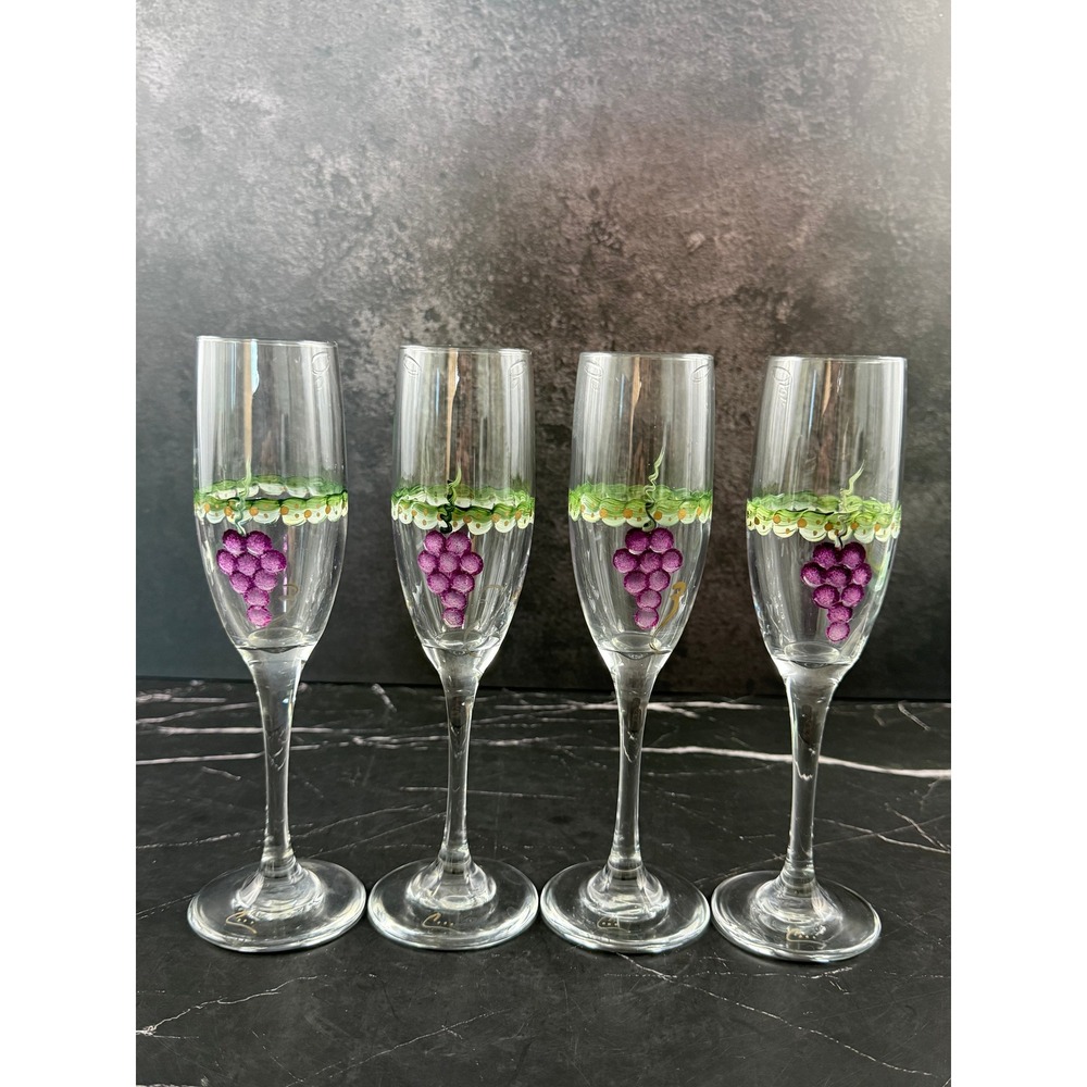 VTG Set of 4 Hand Painted Grapevine Motif Champagne Flutes Artist Signed 8.75in
